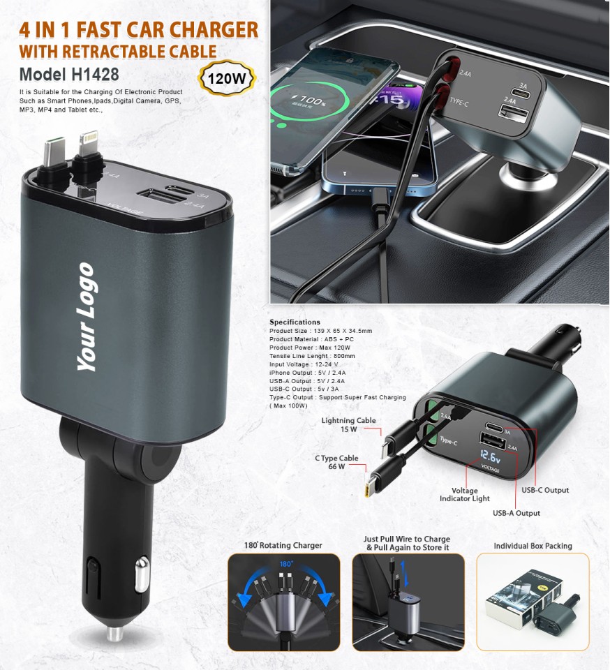 4 in 1 Fast Car Charger with Retractable Cable